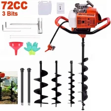 72CC Gas Powered Post Hole Digger w/2 Rods + 3 Auger Drill Bits (3" 5" & 8")