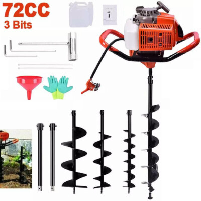 72CC Gas Powered Post Hole Digger w/2 Rods + 3 Auger Drill Bits (3'' 5'' & 8'')