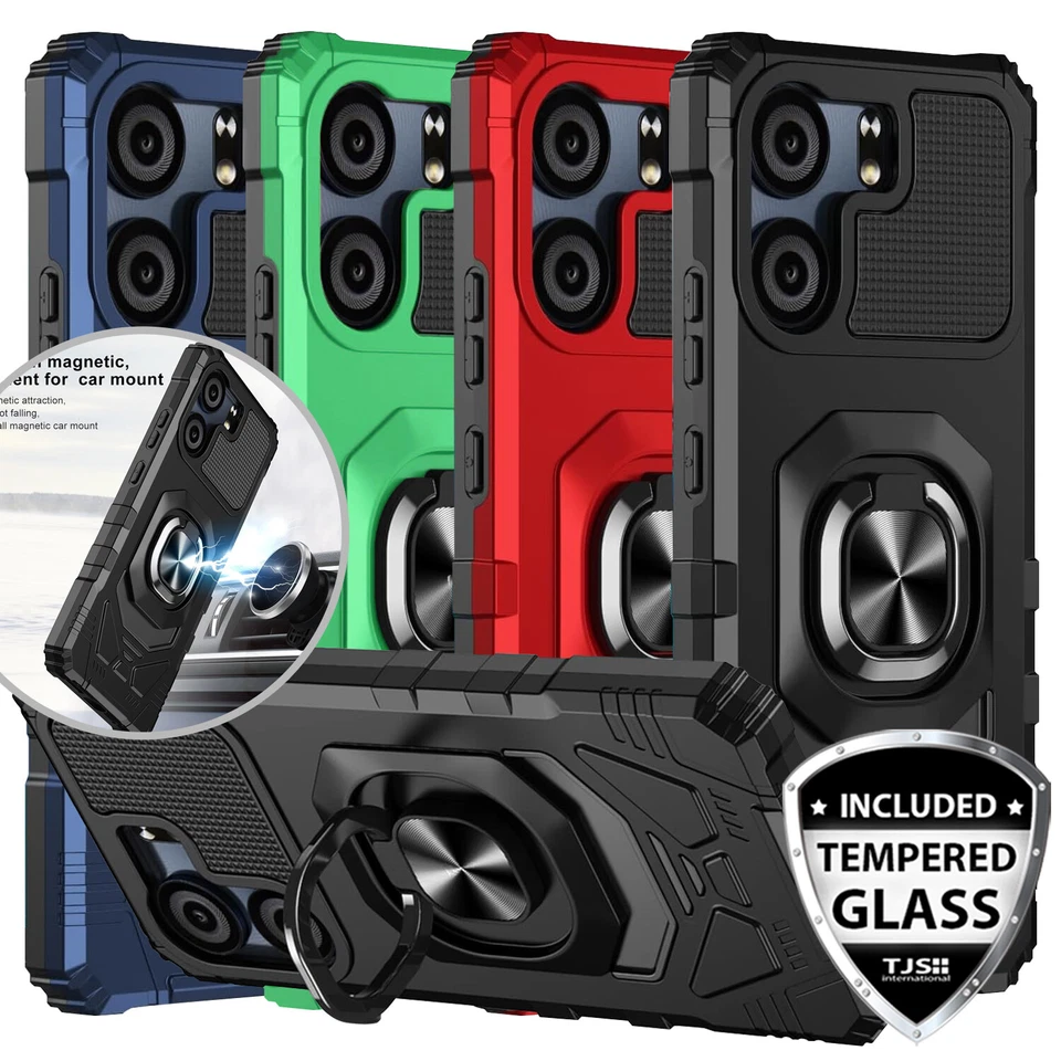 For BLU View 5 Phone Case Armor Ring Magnetic Stand Cover +Tempered Glass