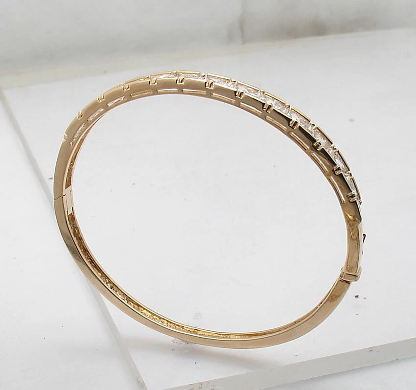 Trillion Cut CZ Stones Hinged Bangle Bracelet 14K Yellow Gold Plated 925 Silver  - Image 2 of 4