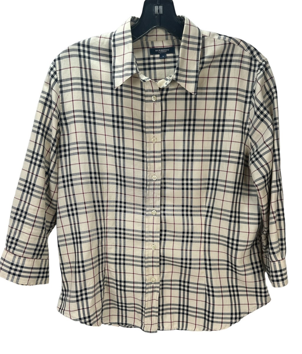 Burberry London Girls Button Up Plaid Niva Check Shirt L Large 3/4 Long  Sleeves