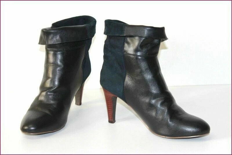 PROMOD Bottines Boots Talons Cuir Bleu P trole et Noir Revers T