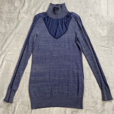 Free People Sweater Dress Large Turtleneck Shimmer Lace Inset Mini Fitted Blue