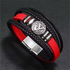 Men's bracelet made of braided black and red leather with a Viking symbol, 21 cm