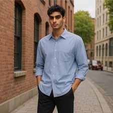 Tasso Elba Men's Long-Sleeve Dress Shirt XL, Contrast Cuff, Cotton - Blue Check