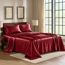 Satin Sheets Queen 4-Piece, Burgundy Hotel Luxury Silky Bed Sheets - Extra