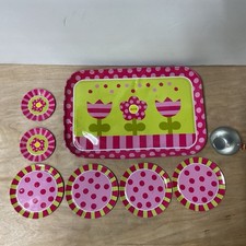 Vintage Schylling 8 pc Girls Pretend Metal Partial Tea Set- Cup Saucers Tray