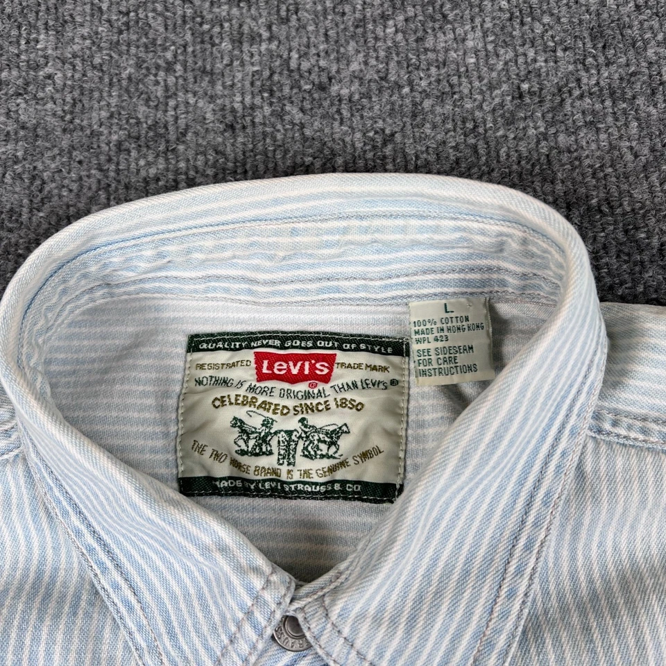 Vintage Levis Hickory Stripe Shirt Mens L Blue White Metal Buttons Engineer 90s - Image 4 of 4