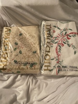Lace Embroidered Christmas Holiday 66x84  Oblong 100% Cotton Tablecloth Lot (2)