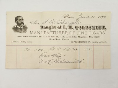 1890s antique I H GOLDSMITH boston ma cigar maker DAN MAGINNIS G.A.R. 5c invoice