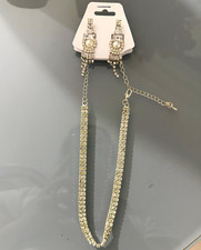 Silver Tone Rhinestone Crystal Necklace  Faux Pearl Drop Earrings Set