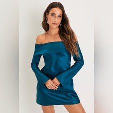 Lulu’s Luxurious Vision Teal Satin Off-the-Shoulder Mini Dress Size Small
