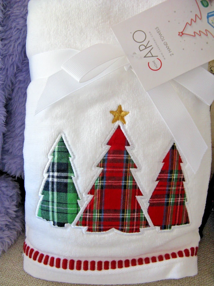 Nuevo Juego de 2 toallas de mano de baño de algodón bordadas árboles de Navidad CARO Foto 3 de 4