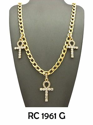 Egypt Collection Ankh,Pharaoh,Anubis,Horus Bird 3 Charm 24'' Cuban Chain Necklace