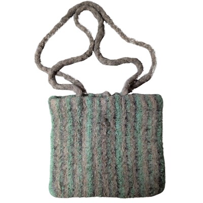 Felted Shoulder Handbag Lined Green Gray Striped Knit Braided Strap Boho Coastal
