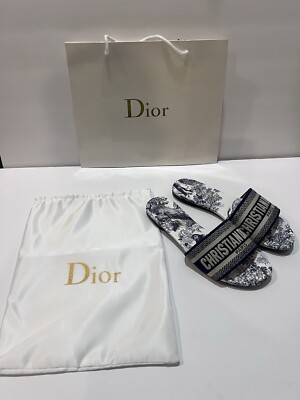 Dior Women's Size EU 38 US 7.5 Dway Slide Embroidered Cotton