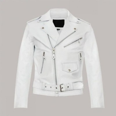 Men's White Casual Stylish Brando Stripes Biker Genuine Cowhide Leather Jacket