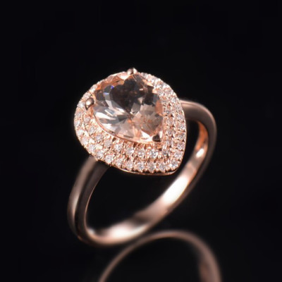 Natural Pear Cut Pink Morganite Diamond Halo Promise Ring Solid