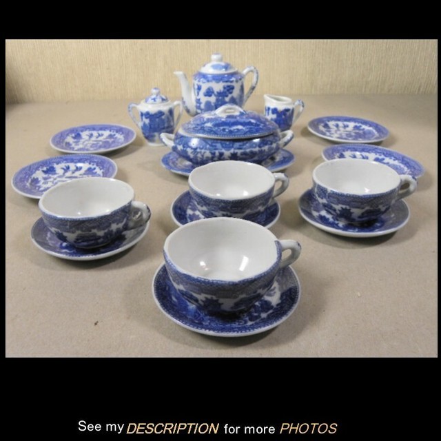 Antique Cragstan 20pc Toy China Dinner / Tea Set Blue Willow Original Box eBay