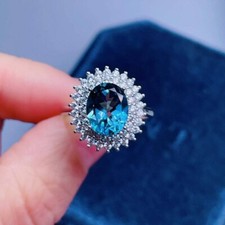 3Ct Oval Cut Blue Topaz And Diamond Halo Engagement Ring 14k White Gold Finish