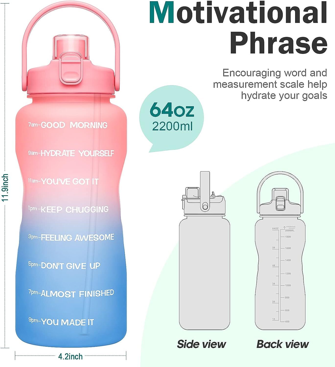 64 oz Water Bottles With Straw, Water Bottle With Times