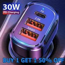 USB PD 30W Type-C Car Charger Fast Charge Adapter For iPhone 13 12 11 Samsung