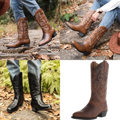 Herren Schuhe Mid-Calf Western Cowboystiefel Stickerei Kunstleder Stiefel 6080#