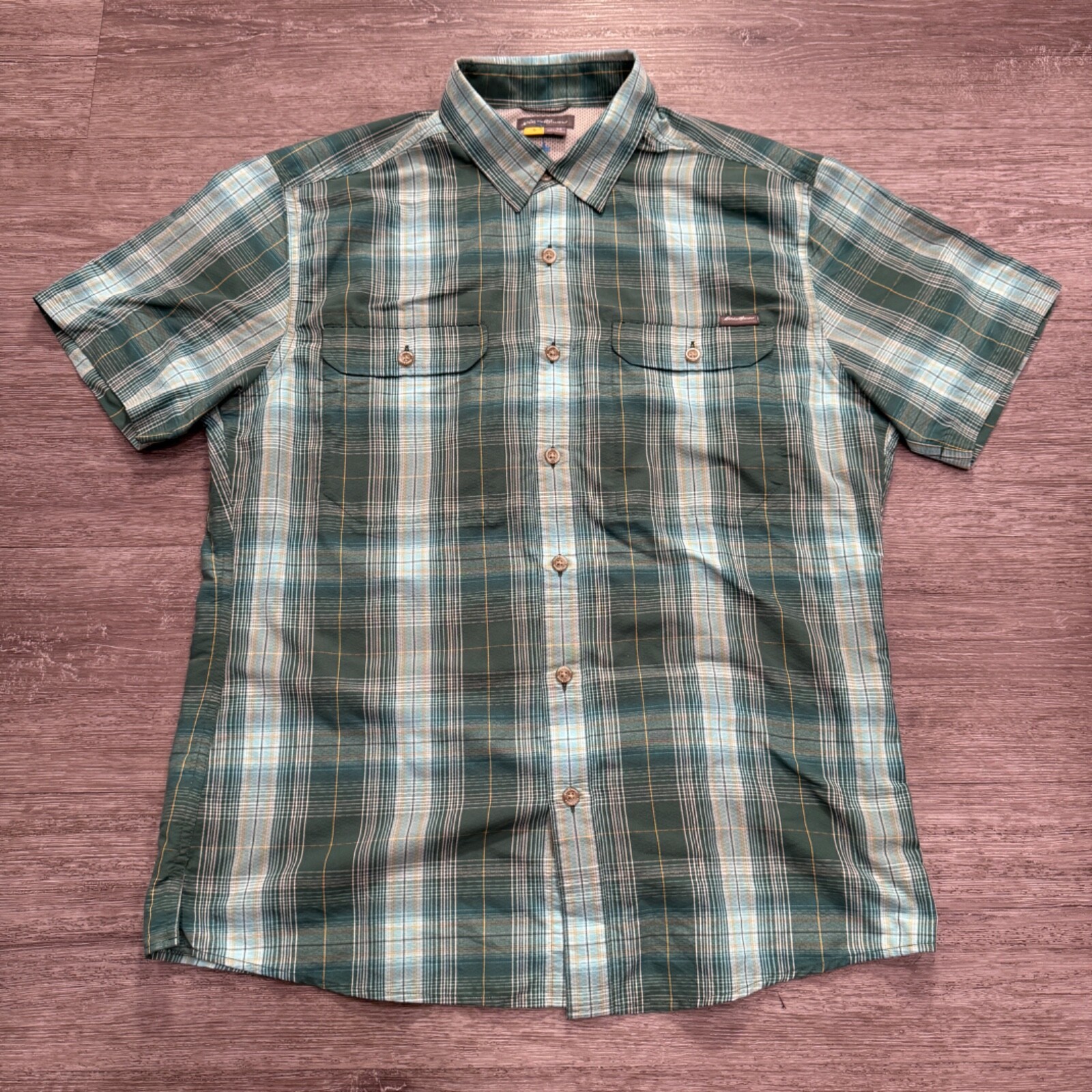 Eddie Bauer Men's Medium Green Plaid Travex Button-Up Shirt for Hiking & Climbing