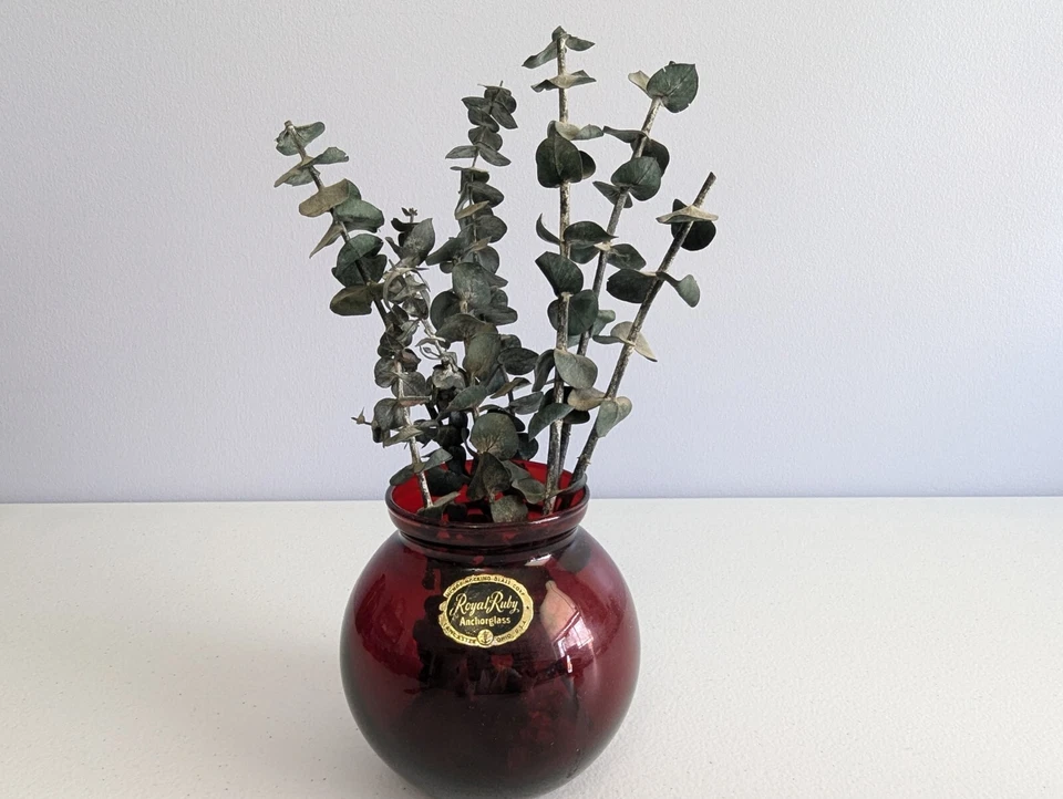 Anchor Hocking Royal Ruby Red Round Ball 4" Ivy Glass Bowl Vase Candle Vintage - Image 2 of 4