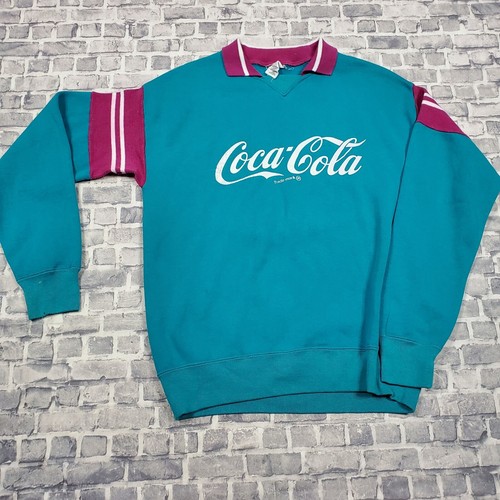 Vtg 80s 90s Coca Cola Coke Sweater Mens Small Blue Teal USA Retro