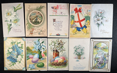 Lost 10 Easter Greetings Postcards with Lambs Lilies Palms Chicks n Eggs