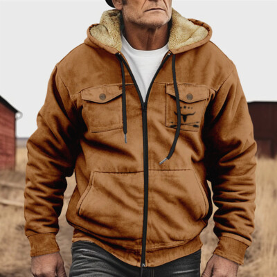 Men's Wild Animal Totem Winter Fleece Hoodie Sweater Cowboy Retro Zip Jacket