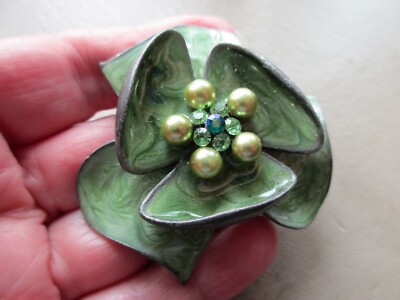 VINTAGE RETRO SILBERFARBEN GRÜN EMAILLE KRISTALL EXOTISCHE BLUME STATEMENT ANHÄNGER