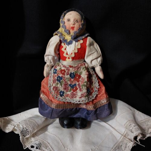 Bambola Antica Vintage Anni 40 / 50 Tessuto Panno Lenci Googly in Costume Cm 17 - Foto 1 di 12