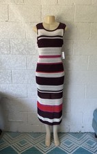 Nine West Womens L Striped Open Knit Midi Maxi Dress Burgundy NWT