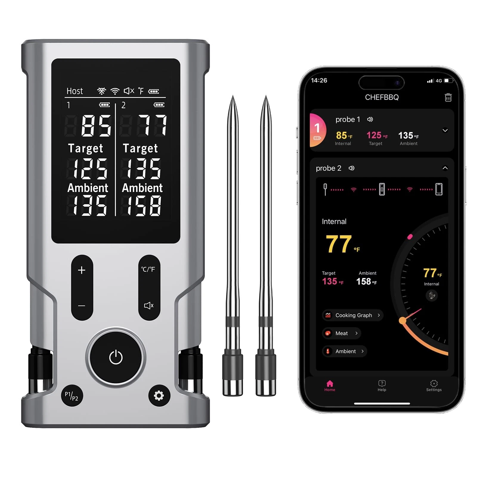 800FT Smart Wireless Meat Thermometer App Host Control, Bluetooth Digital Mea...