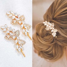 2 PCS Gold Rhinestone Hair Clips Crystal Wedding Bridal Leaf Barrettes