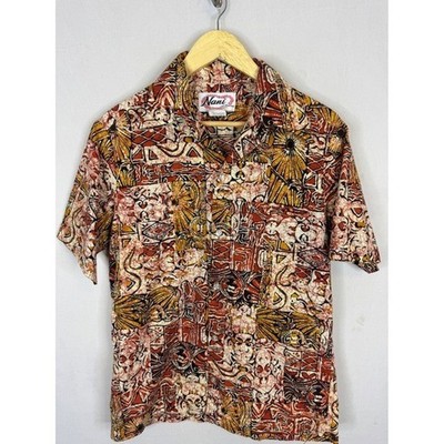 Vintage 70s Nani of Hawaii Mens M Batik Tribal Print Cotton Aloha Shirt Rust