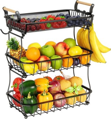 3 Tier Fruit Basket Bowl with 2 Banana Hangers for Kitchen Counter, Vegetable...