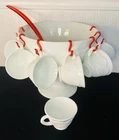 Vintage Indiana Pebble Cabbage Leaf Milk Glass Punch Bowl Set 8 Cups Hooks Ladle