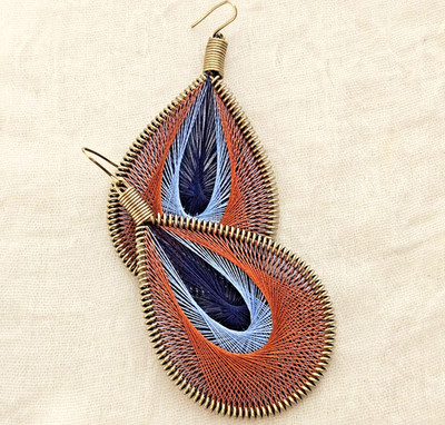 Peruvian Dream Weaver String Art Earrings 3'' Teardrop Dangle Navy, Sky, & Rust