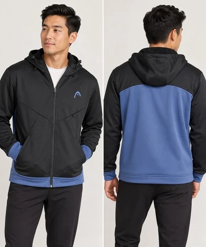 New HEAD Men's Medium Full Zip Hooded Jacket Black Blue Fleece Lined - product listing photo