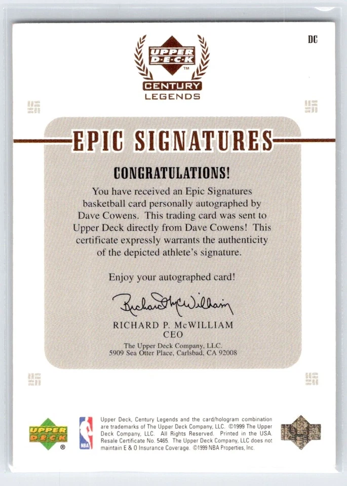 1999-00 Upper Deck Century Legends Signatures Dave Cowens autografado #DC - Imagem 2 de 2