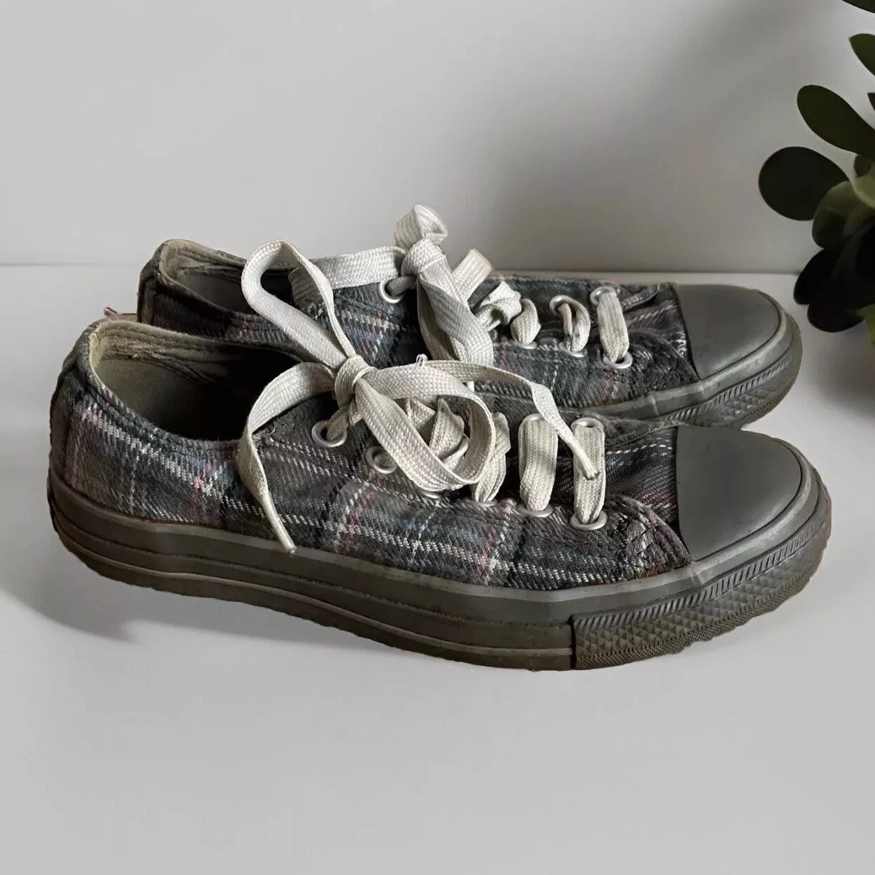 Scarpe da ginnastica basse Converse Chuck Taylor All Stars grigio rosa blu a quadri taglia UK 4 5