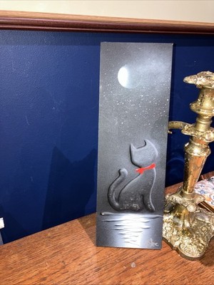 Handgefertigter Wandbehang schwarze Katze Nachtszene 12 x4  Wandbehang