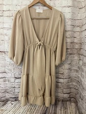 Sugarfox Dress Womens Medium Beige Tan Prairie Tiered Balloon Sleeve Cutout Tie
