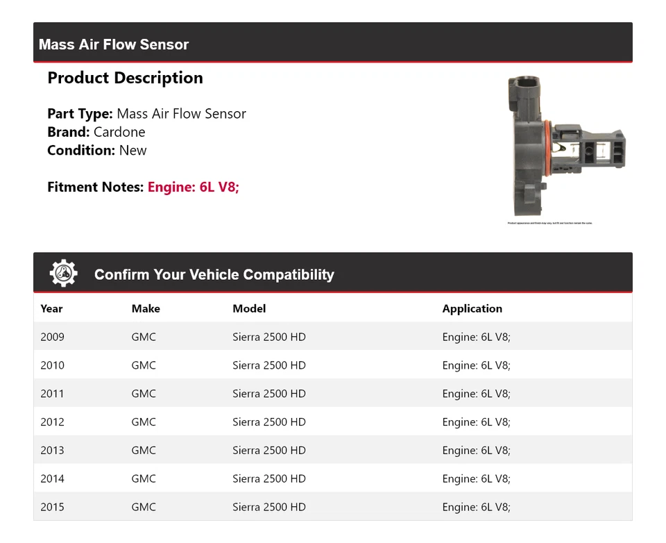 适用于 2009 - 2015 年 GMC Sierra 2500 HD 6L V8 质量气流传感器 Cardone 2010 2011 — 第 2/4 张图片