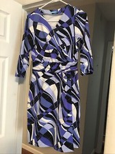 J Mclaughlin Faux Wrap Dress Blues White Print 3/4 Sleeves Size S