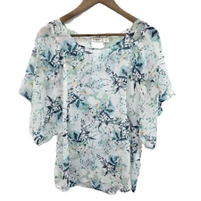 Cato Womens Floral Sheer Chiffon Top Size XL Green Short Sleeve Dainty Fairy