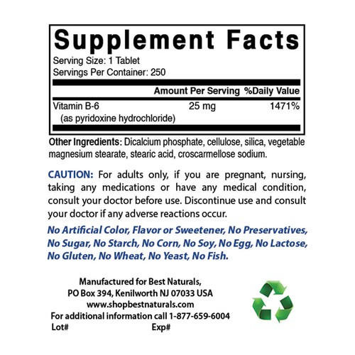 Best Naturals Vitamin B-6 25 mg 250 Tablets - Picture 2 of 7